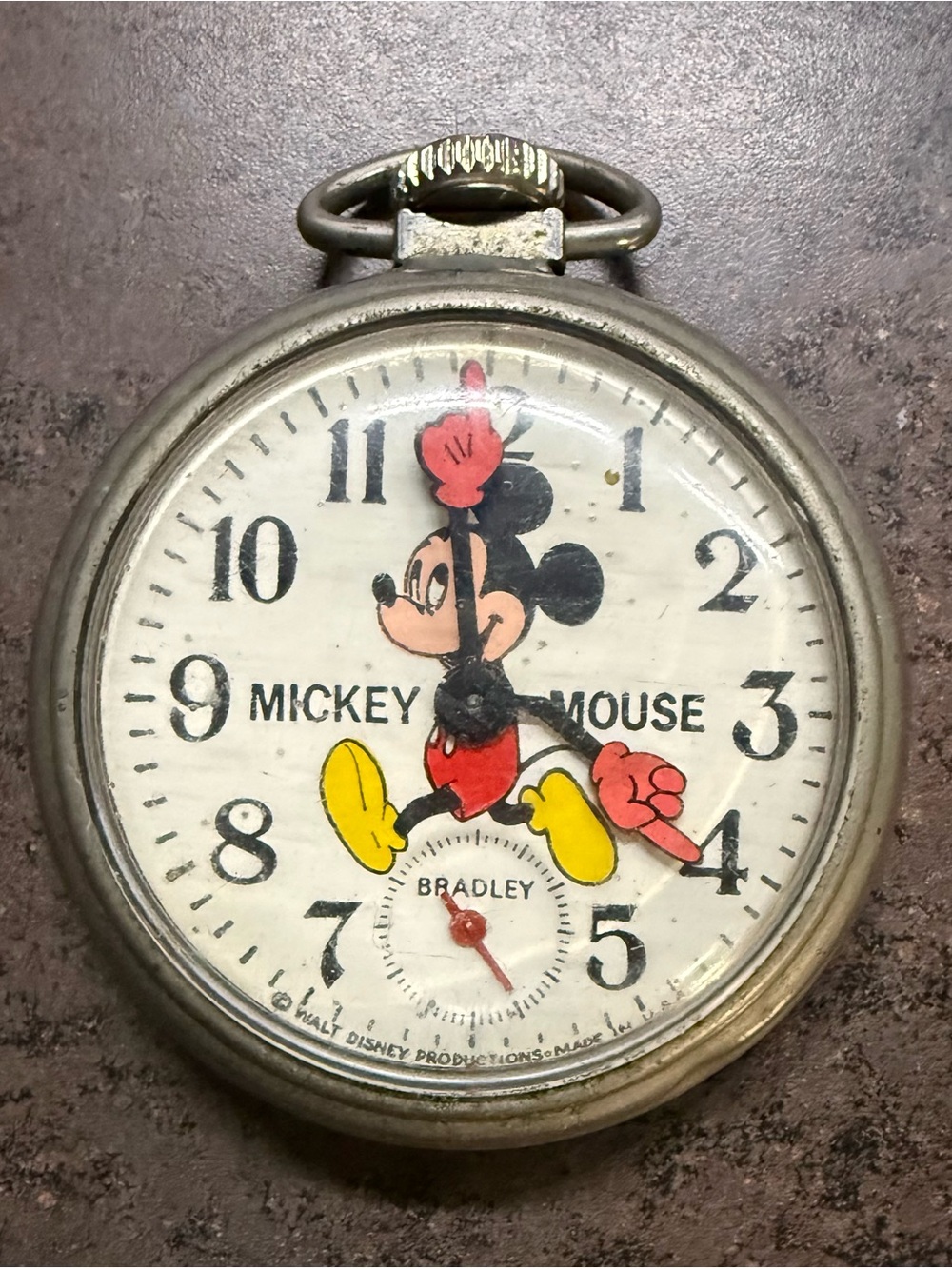Disney Mickey Mouse Open Face Mechanical Pocket Watch Silver Tone White Dial